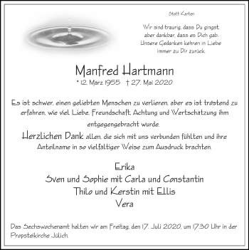 Traueranzeige von Manfred Hartmann von Zeitung am Sonntag