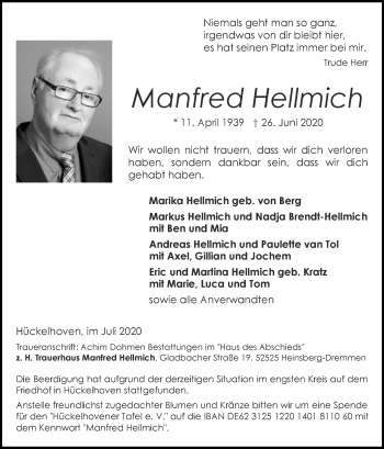 Traueranzeige von Manfred Hellmich von Zeitung am Sonntag