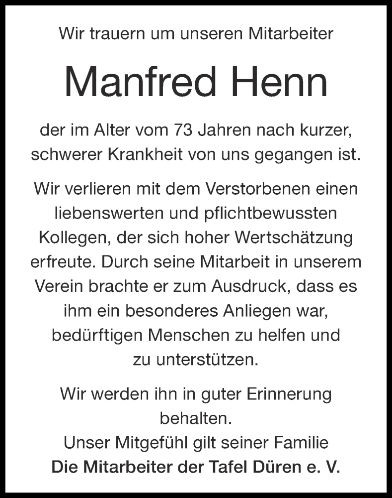  Traueranzeige für Manfred Henn vom 26.07.2020 aus Zeitung am Sonntag