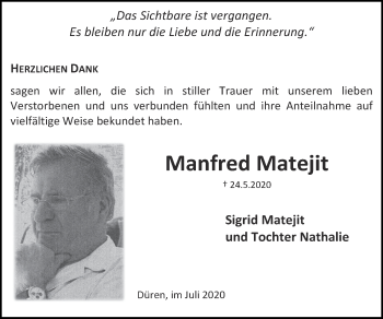Traueranzeige von Manfred Matejit von Zeitung am Sonntag