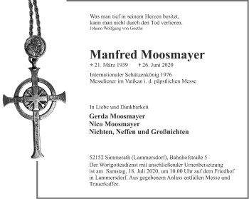 Traueranzeige von Manfred Moosmayer von Aachener Zeitung / Aachener Nachrichten