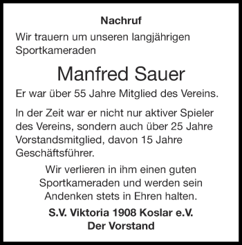 Traueranzeige von Manfred Sauer von Zeitung am Sonntag