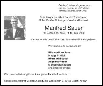 Traueranzeige von Manfred Sauer von Zeitung am Sonntag