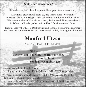 Traueranzeige von Manfred Utzen von Zeitung am Sonntag