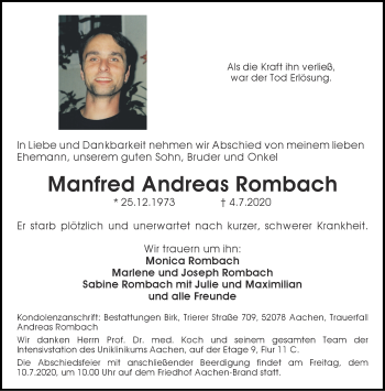 Traueranzeige von Manfred Andreas Rombach von Aachener Zeitung / Aachener Nachrichten