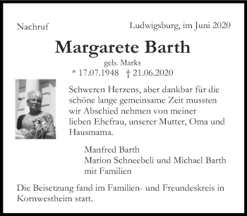 Traueranzeige von Margarete Barth von Aachener Zeitung / Aachener Nachrichten