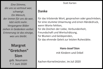Traueranzeige von Margret Sion von Zeitung am Sonntag