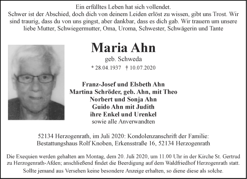  Traueranzeige für Maria Ahn vom 15.07.2020 aus Aachener Zeitung / Aachener Nachrichten