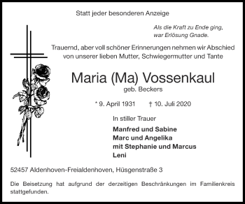 Traueranzeige von Maria Vossenkaul von Zeitung am Sonntag