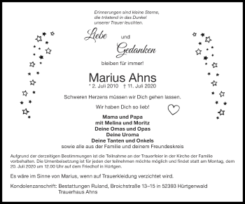 Traueranzeige von Marius Ahns von Zeitung am Sonntag