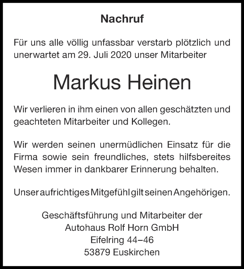  Traueranzeige für Markus Heinen vom 01.08.2020 aus Aachener Zeitung / Aachener Nachrichten