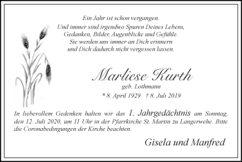 Traueranzeige von Marliese Kurth von Zeitung am Sonntag