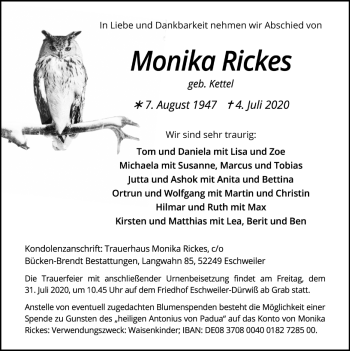 Traueranzeige von Monika Rickes von Zeitung am Sonntag
