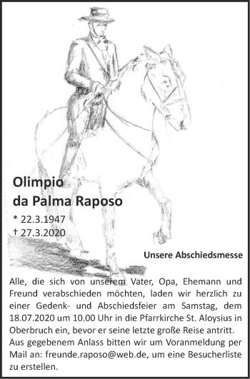 Traueranzeige von Olimpio da Palma Raposo von Zeitung am Sonntag
