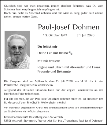 Traueranzeige von Paul-Josef Dohmen von Zeitung am Sonntag