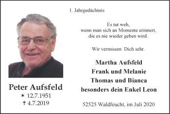 Traueranzeige von Peter Aufsfeld von Zeitung am Sonntag