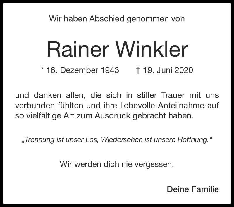  Traueranzeige für Rainer Winkler vom 12.07.2020 aus Zeitung am Sonntag