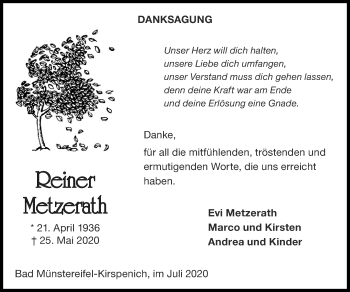 Traueranzeige von Reiner Metzerath von Zeitung am Sonntag