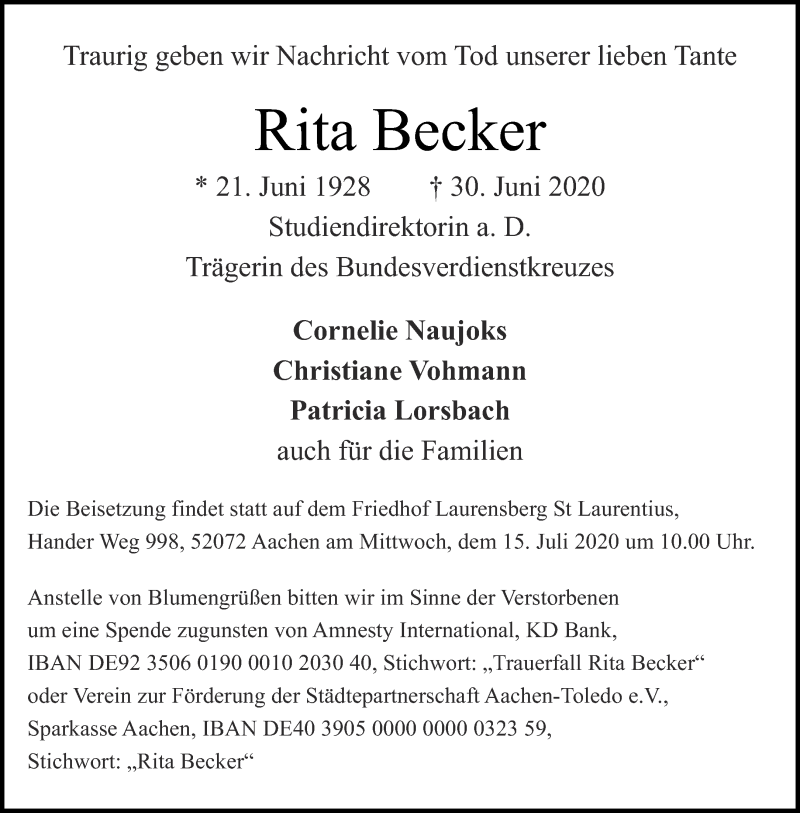  Traueranzeige für Rita Becker vom 11.07.2020 aus Aachener Zeitung / Aachener Nachrichten