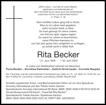 Traueranzeige von Rita Becker von Aachener Zeitung / Aachener Nachrichten