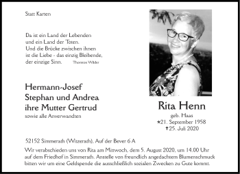Traueranzeige von Rita Henn von Aachener Zeitung / Aachener Nachrichten