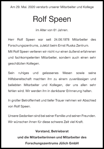 Traueranzeige von Rolf Speen von Aachener Zeitung / Aachener Nachrichten