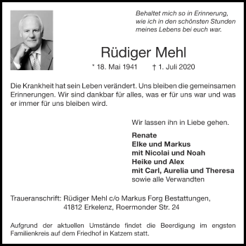 Traueranzeige von Rüdiger Mehl von Zeitung am Sonntag
