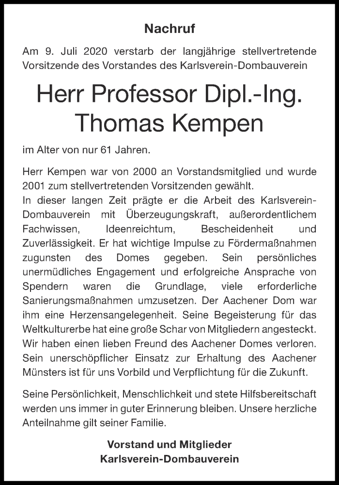  Traueranzeige für Thomas Kempen vom 11.07.2020 aus Aachener Zeitung / Aachener Nachrichten