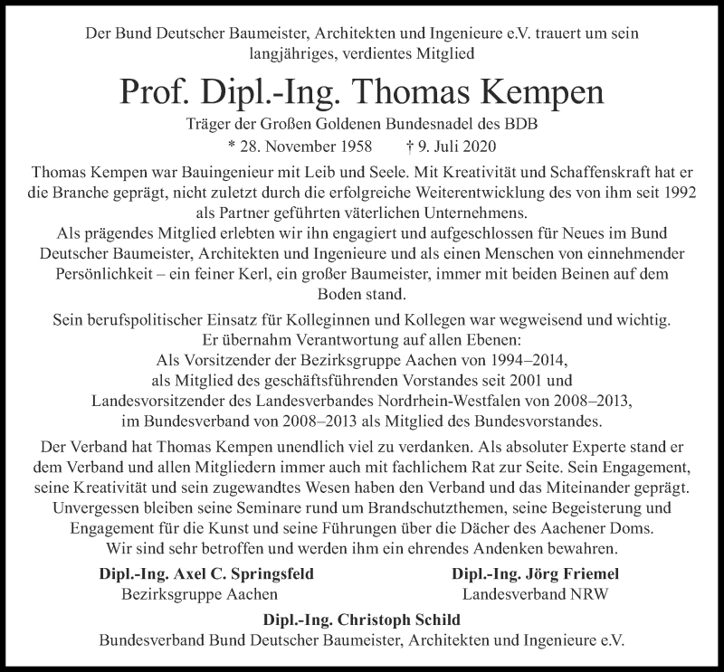  Traueranzeige für Thomas Kempen vom 18.07.2020 aus Aachener Zeitung / Aachener Nachrichten