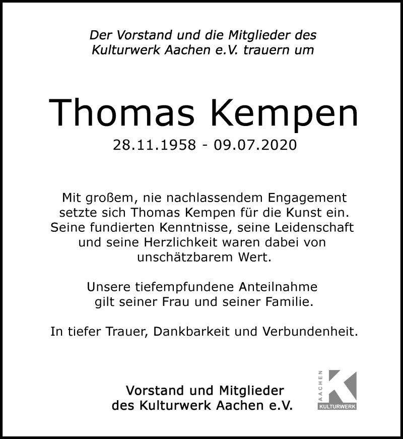  Traueranzeige für Thomas Kempen vom 18.07.2020 aus Aachener Zeitung / Aachener Nachrichten