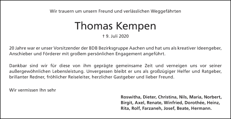  Traueranzeige für Thomas Kempen vom 18.07.2020 aus Aachener Zeitung / Aachener Nachrichten