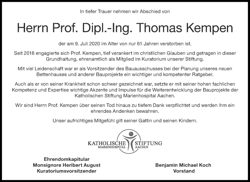  Traueranzeige für Thomas Kempen vom 18.07.2020 aus Aachener Zeitung / Aachener Nachrichten