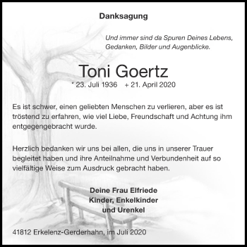 Traueranzeige von Toni Goertz von Zeitung am Sonntag