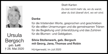 Traueranzeige von Ursula Bergsch von Zeitung am Sonntag