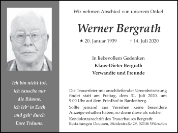 Traueranzeige von Werner Bergrath von Zeitung am Sonntag