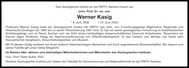  Traueranzeige für Werner Kasig vom 04.07.2020 aus Aachener Zeitung / Aachener Nachrichten