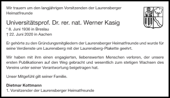 Traueranzeige von Werner Kasig von Aachener Zeitung / Aachener Nachrichten