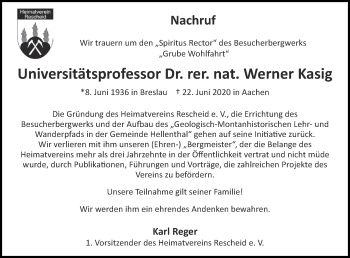 Traueranzeige von Werner Kasig von Aachener Zeitung / Aachener Nachrichten