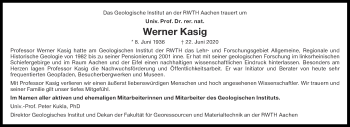 Traueranzeige von Werner Kasig von Aachener Zeitung / Aachener Nachrichten