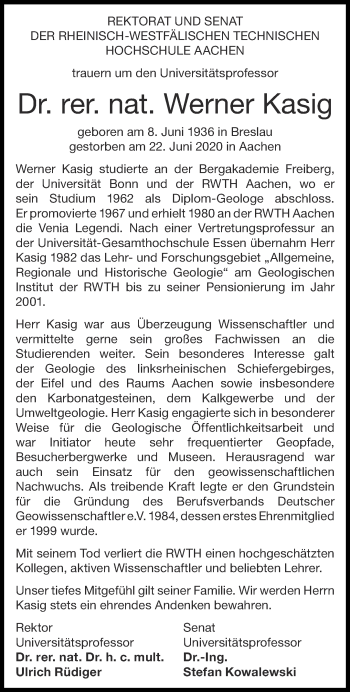 Traueranzeige von Werner Kasig von Aachener Zeitung / Aachener Nachrichten