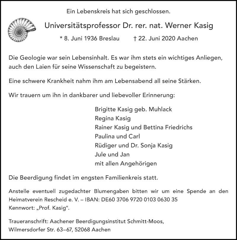 Traueranzeige für Werner Kasig vom 04.07.2020 aus Aachener Zeitung / Aachener Nachrichten