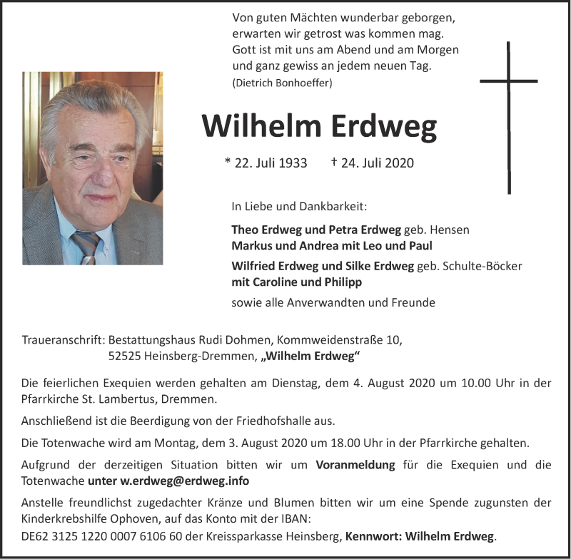  Traueranzeige für Wilhelm Erdweg vom 01.08.2020 aus Aachener Zeitung / Aachener Nachrichten