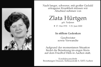 Traueranzeige von Zlata Hürtgen von Zeitung am Sonntag