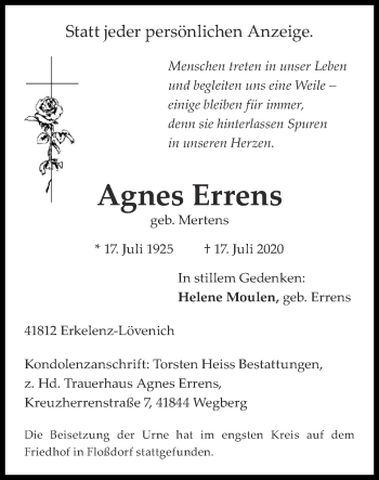 Traueranzeige von Agnes Errens von Zeitung am Sonntag