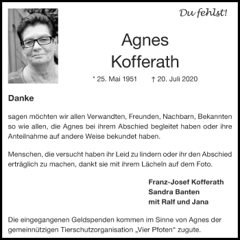 Traueranzeige von Agnes Kofferath von Zeitung am Sonntag