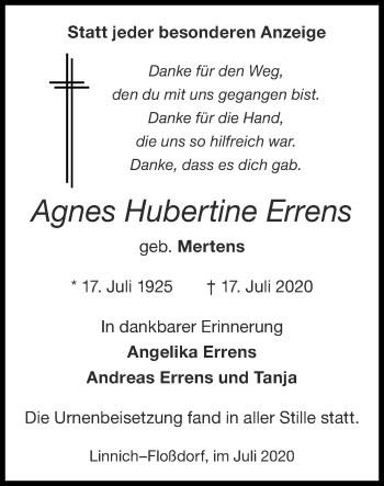 Traueranzeige von Agnes Hubertine Errens von Zeitung am Sonntag