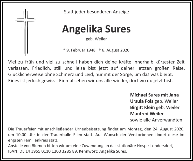  Traueranzeige für Angelika Sures vom 16.08.2020 aus Zeitung am Sonntag