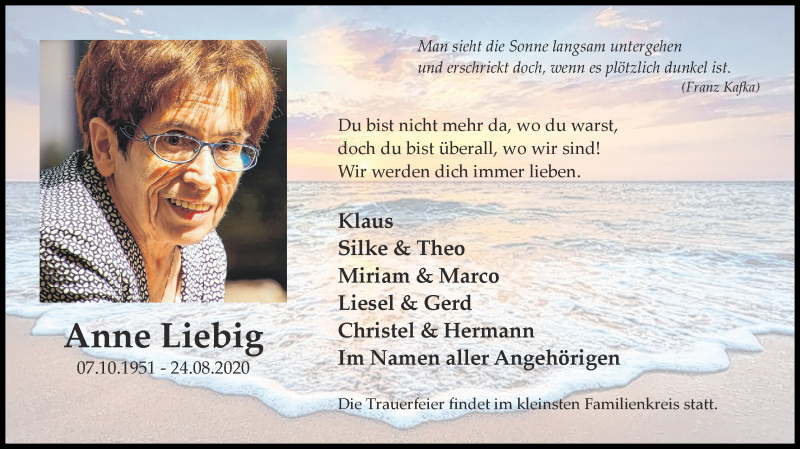  Traueranzeige für Anne Liebig vom 30.08.2020 aus Zeitung am Sonntag