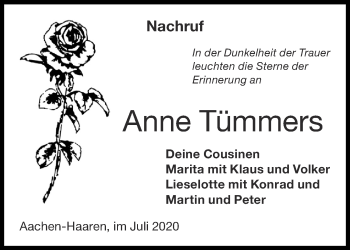 Traueranzeige von Anne Tümmers von Aachener Zeitung / Aachener Nachrichten