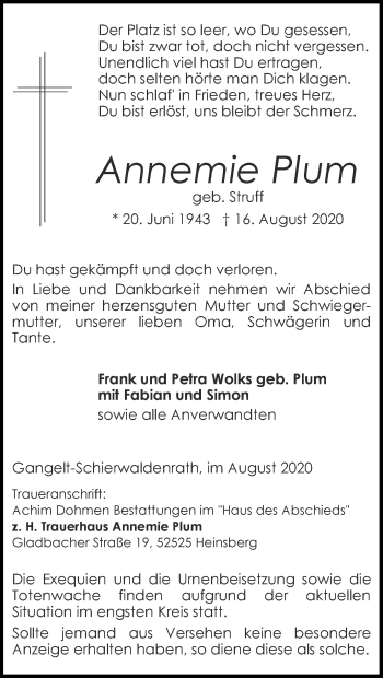Traueranzeige von Annemie Plum von Zeitung am Sonntag